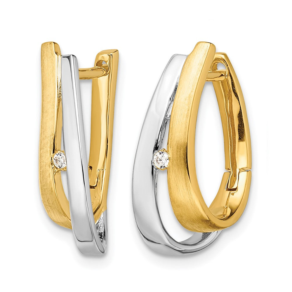 14K Yellow & Rhodium Yellow Gold With White Rhodium Diamond Hinged Hoop Earrings - Product Photo