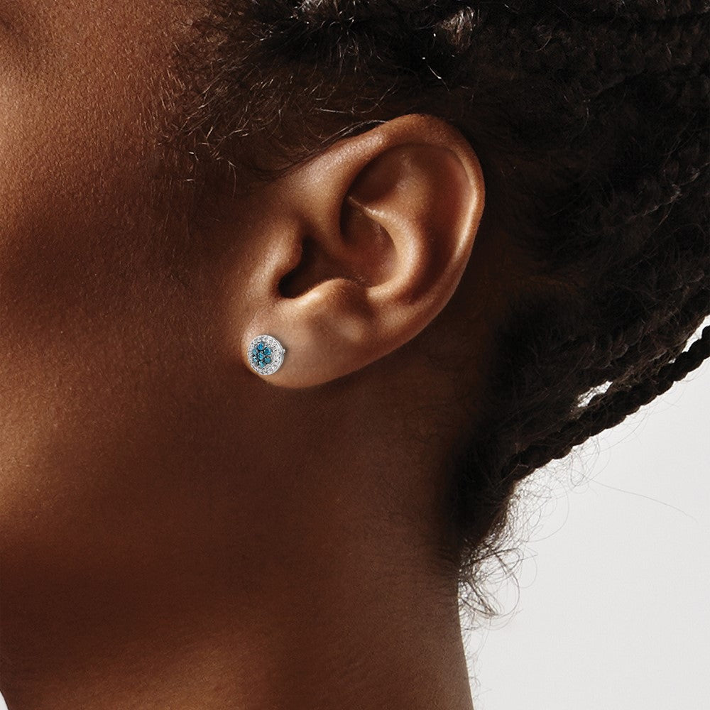 14K White Gold Blue/White Diamond Cluster Post Earrings - Product Photo