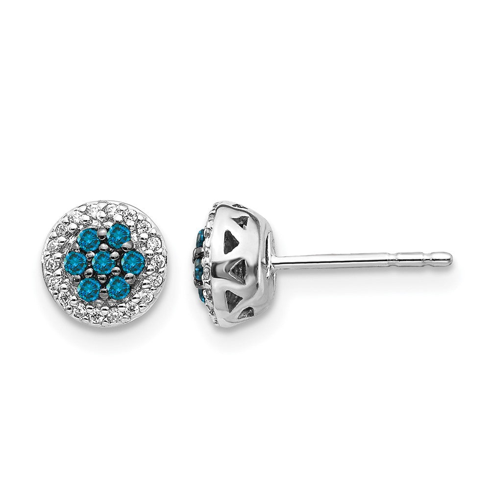 14K White Gold Blue/White Diamond Cluster Post Earrings - Product Photo