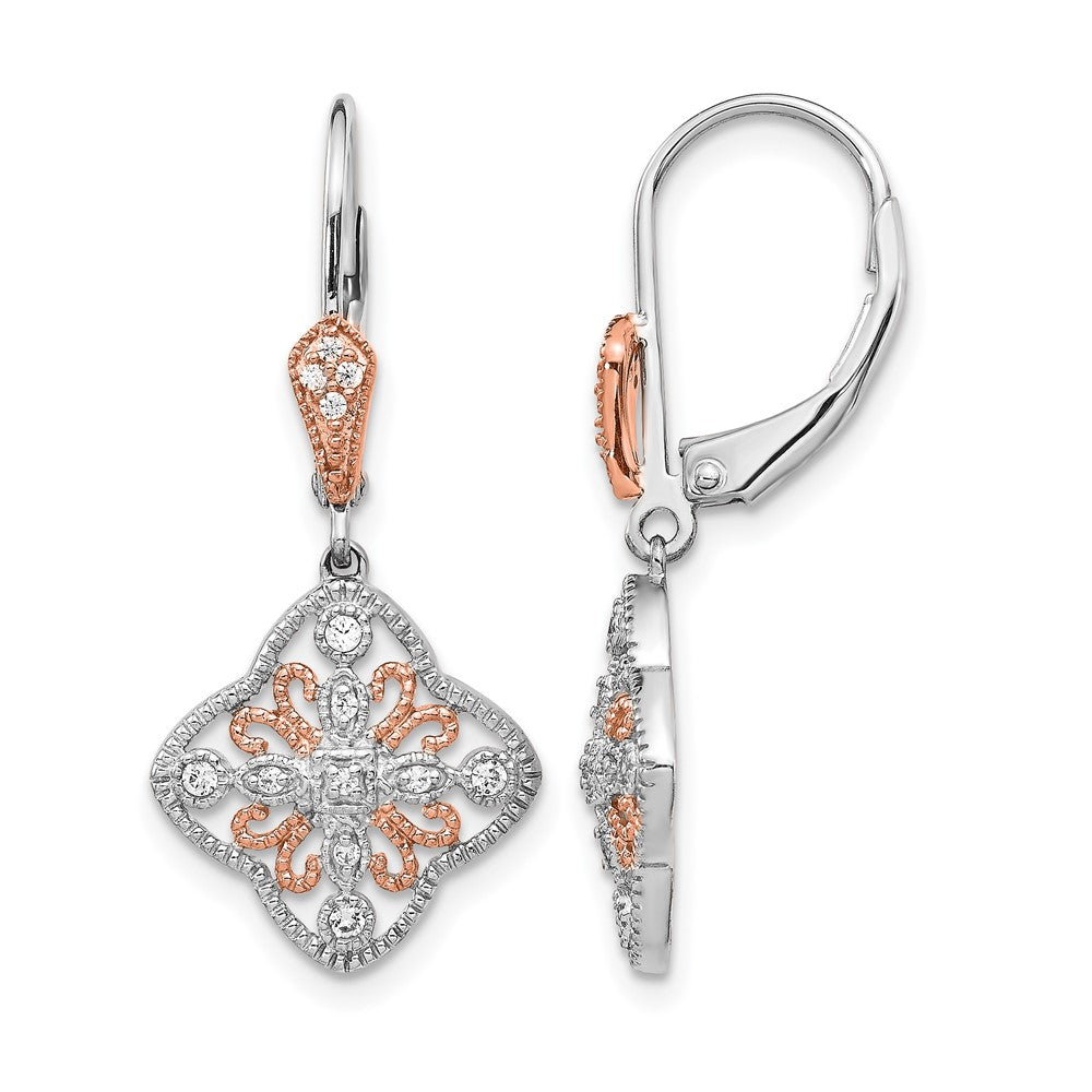 14K White Gold with Rose Rhodium Diamond Leverback Earrings - Product Photo