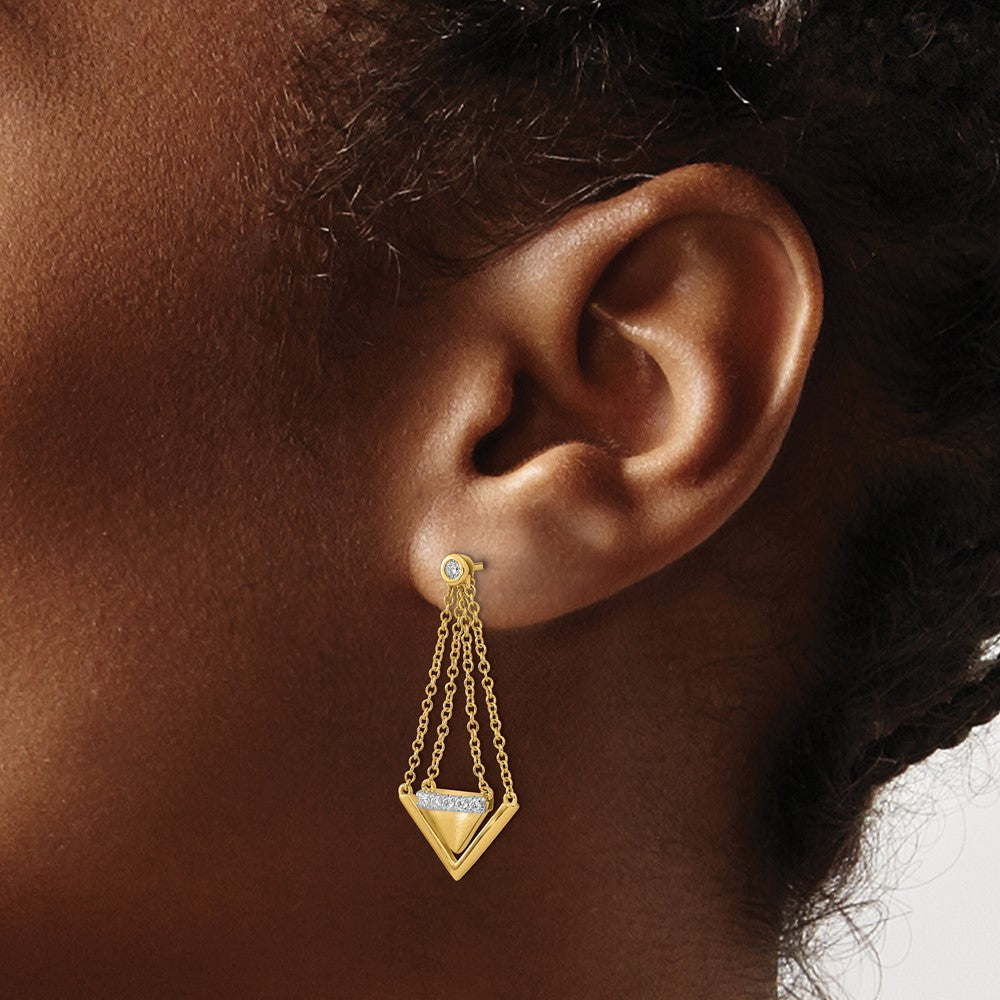 14K Yellow Gold Satin/Polished Diamond Triangle Chain Dangle Post Earrings - Product Photo