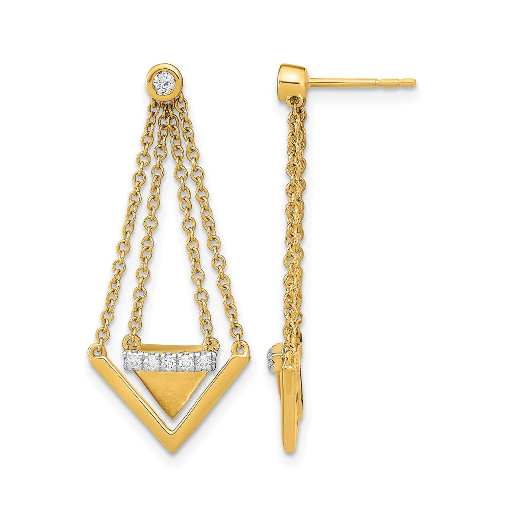 14K Yellow Gold Satin/Polished Diamond Triangle Chain Dangle Post Earrings