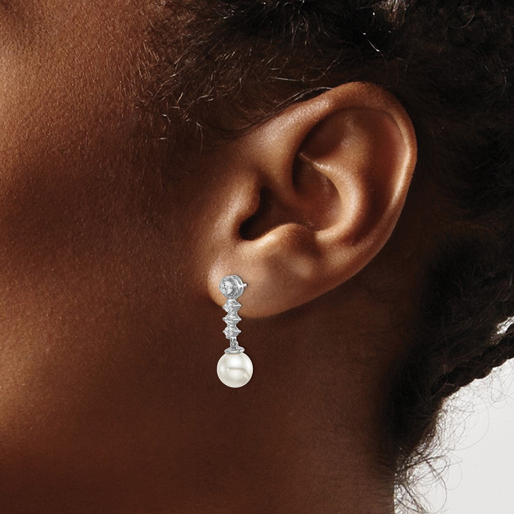 14K White Gold Freshwater Cultured Pearl & Diamond Post Earrings - Product Photo