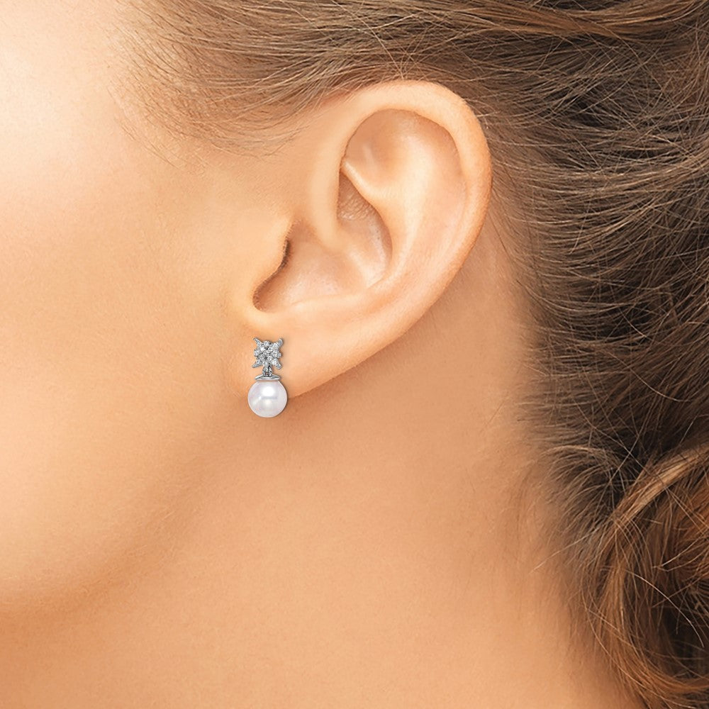 14K White Gold Freshwater Cultured Pearl & Diamond Post Earrings - Product Photo