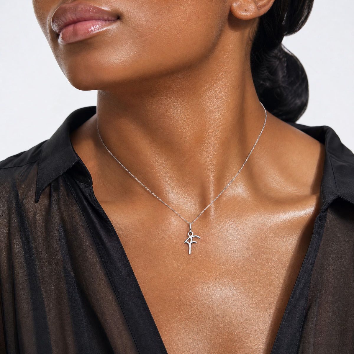 14K White Gold Uppercase Letter F Initial Charm - Model Shot