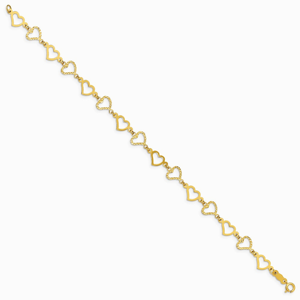 14K Yellow Gold Flat Diamond Cut Open Hearts Bracelet - Product Photo