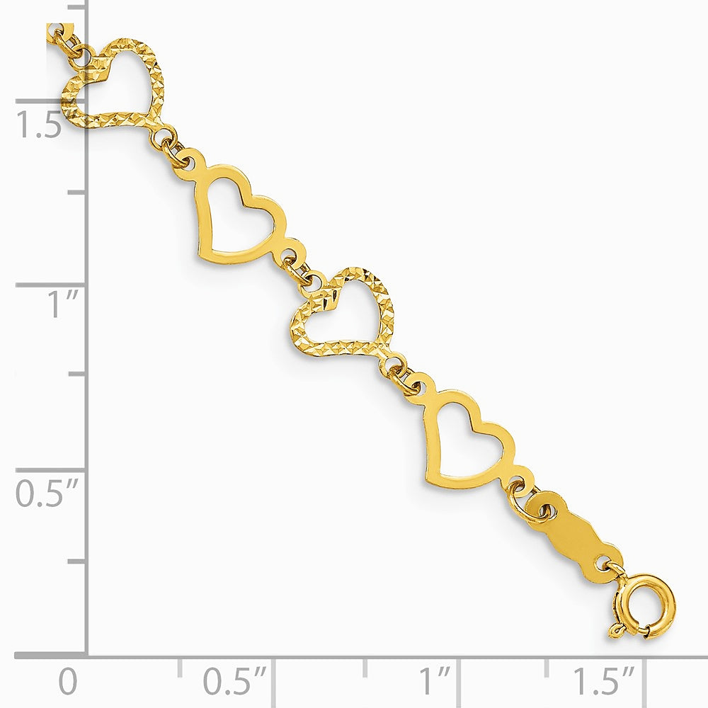 14K Yellow Gold Flat Diamond Cut Open Hearts Bracelet - Product Photo