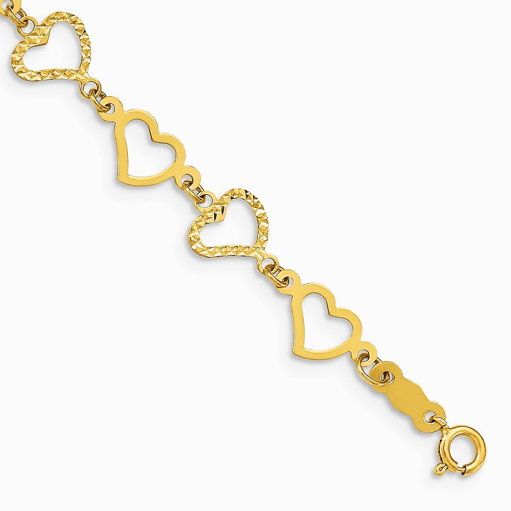 14K Yellow Gold Flat Diamond Cut Open Hearts Bracelet - Product Photo