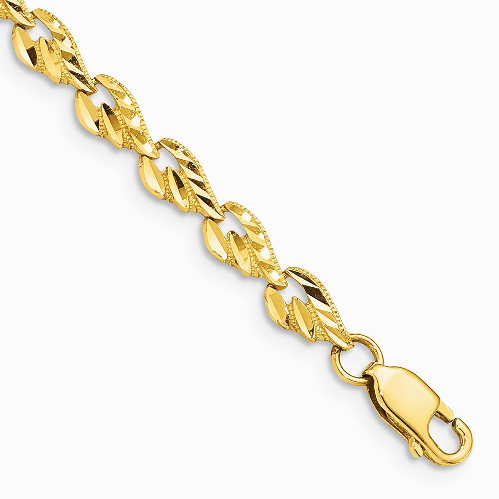 14K Yellow Gold Polished Diamond-cut Leaf 7 inch Bracelet