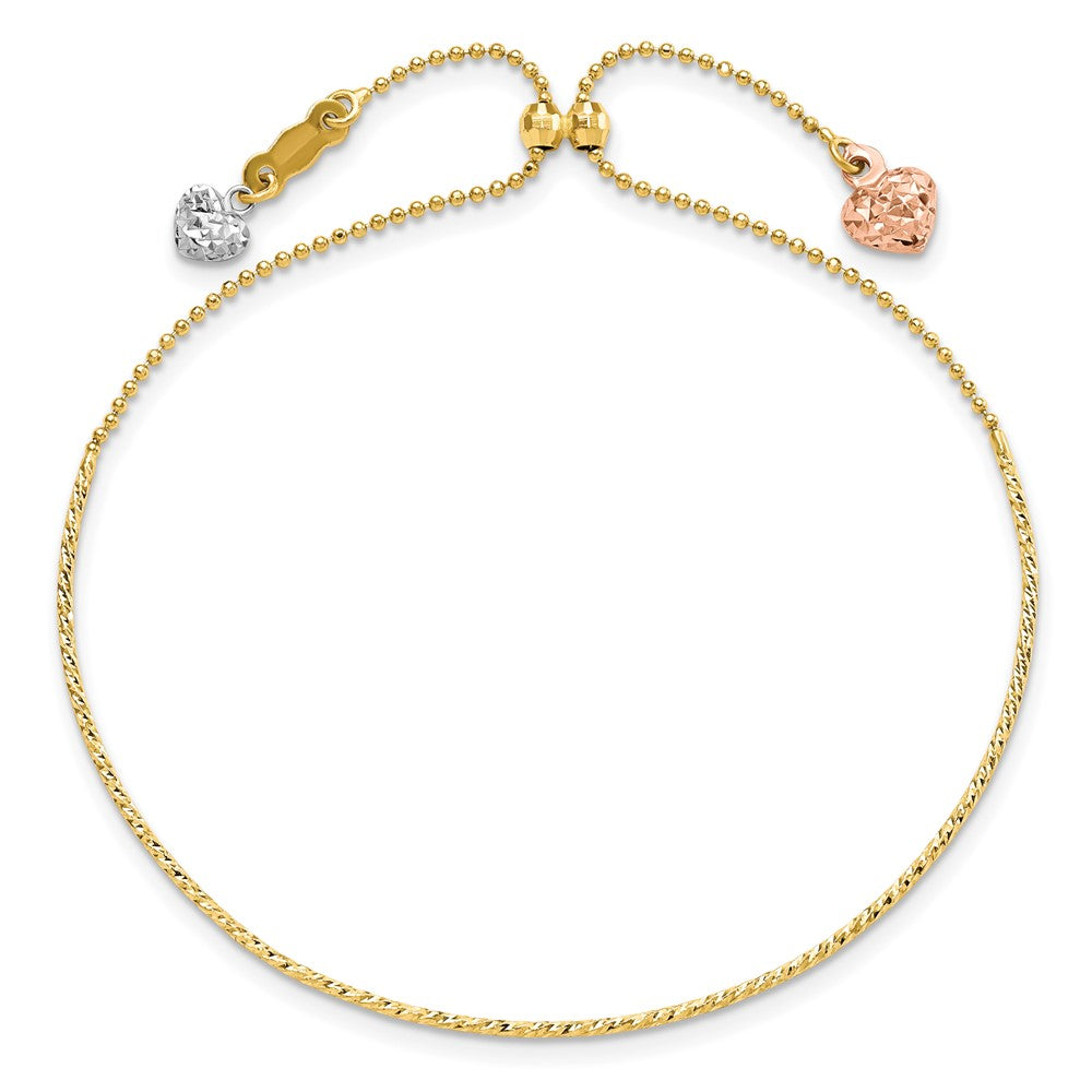 14K Tri-color D/C Heart Adjustable Bracelet - Product Photo
