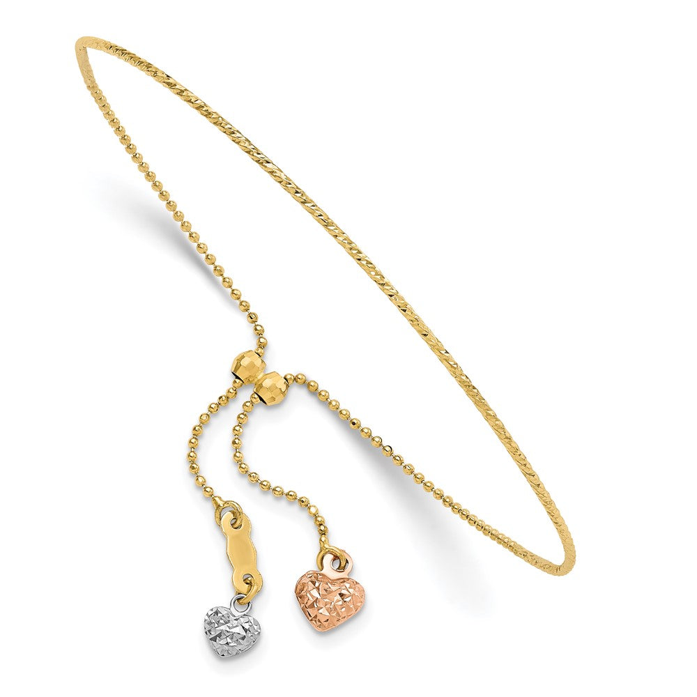 14K Tri-color D/C Heart Adjustable Bracelet - Product Photo