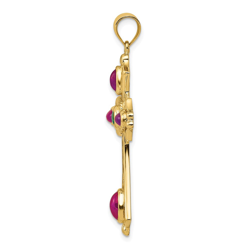 14K Yellow Gold Ruby and Emerald Cabochon Cross Pendant - Product Photo