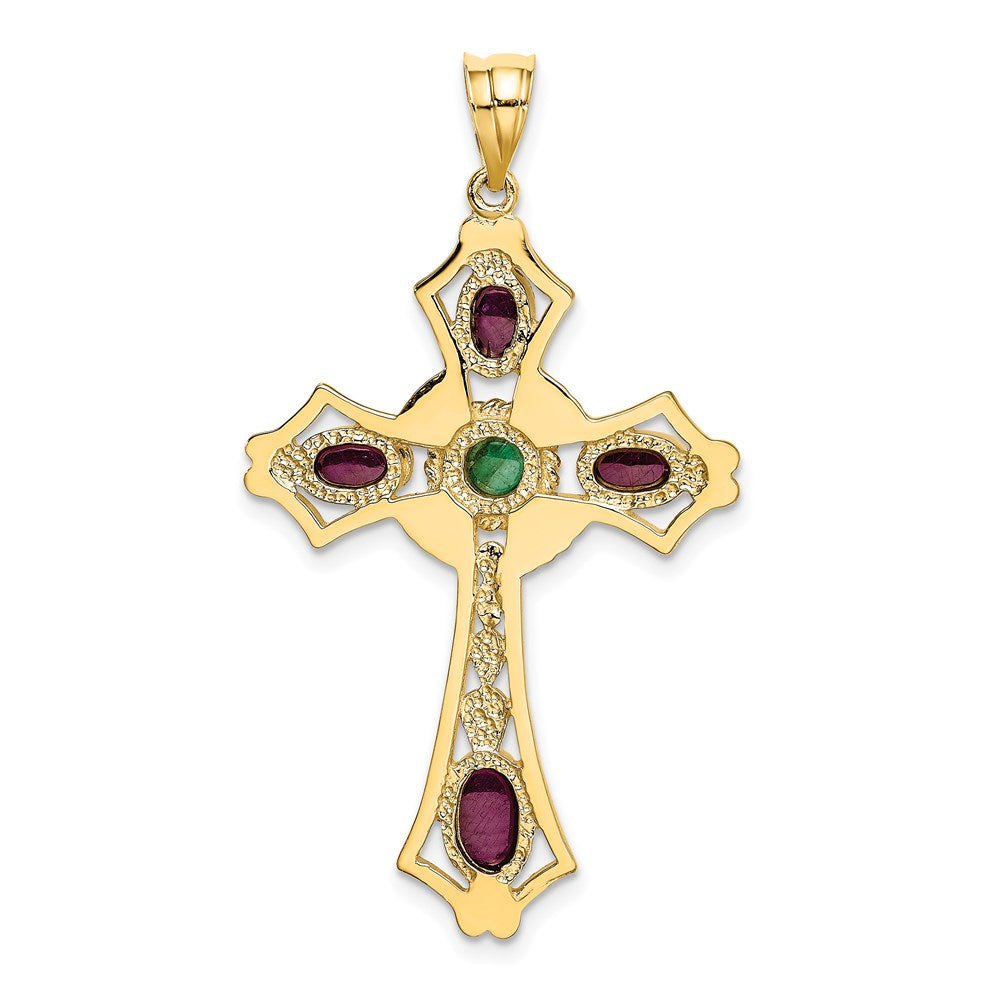 14K Yellow Gold Ruby and Emerald Cabochon Cross Pendant - Product Photo