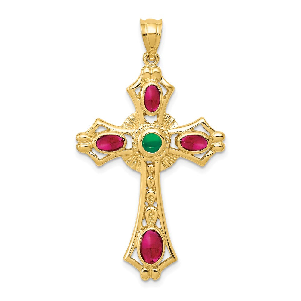 14K Yellow Gold Ruby and Emerald Cabochon Cross Pendant - Product Photo