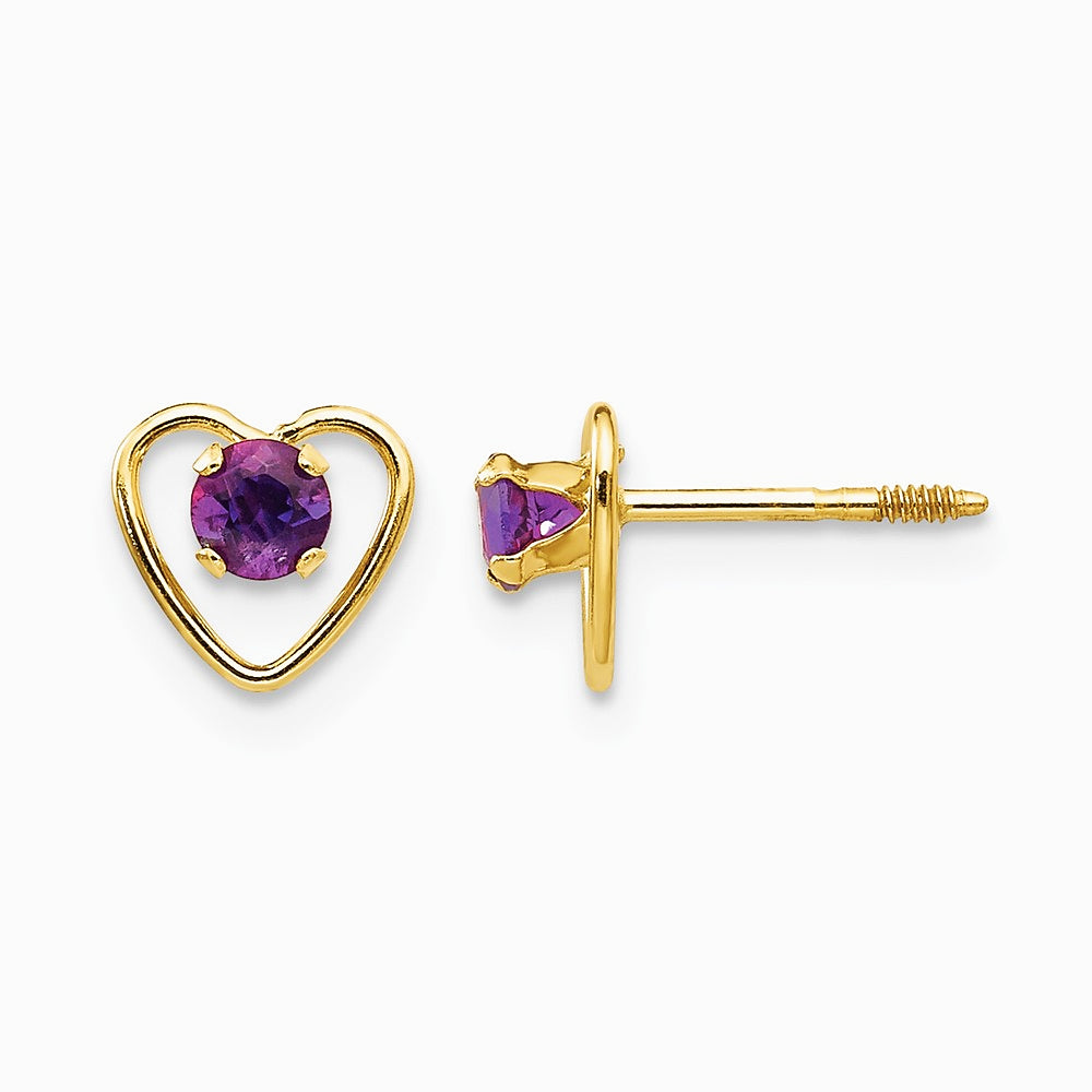 14K Yellow Gold 3 mm Genuine Amethyst Birthstone Heart Earrings