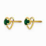 14K Yellow Gold 3mm Created Emerald Birthstone Heart Earrings - Product Photo