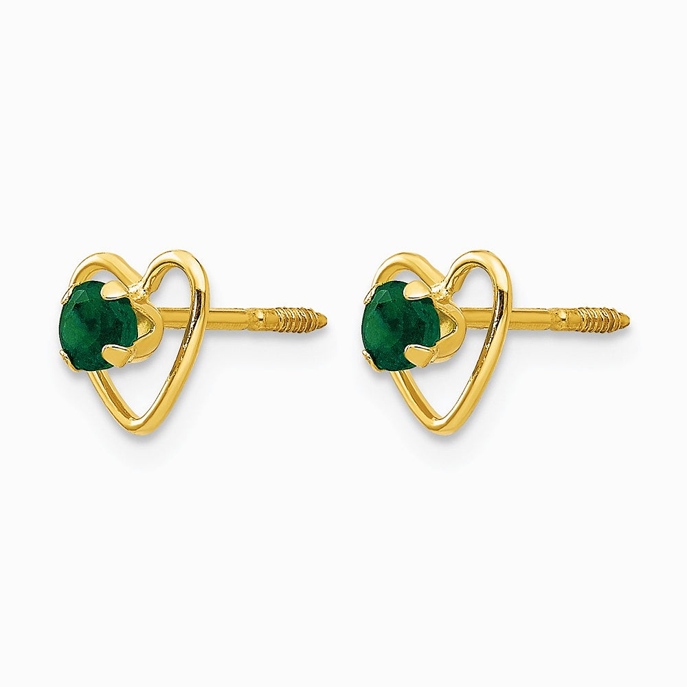 14K Yellow Gold 3mm Created Emerald Birthstone Heart Earrings - Product Photo