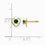 14K Yellow Gold 3mm Created Emerald Birthstone Heart Earrings - Product Photo