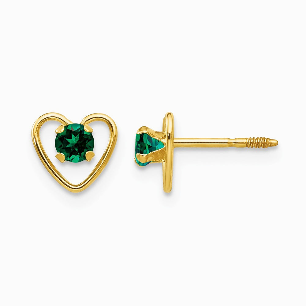 14K Yellow Gold 3mm Created Emerald Birthstone Heart Earrings - Product Photo