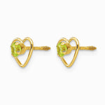 14K Yellow Gold 3mm Genuine Peridot Birthstone Heart Earrings - Product Photo