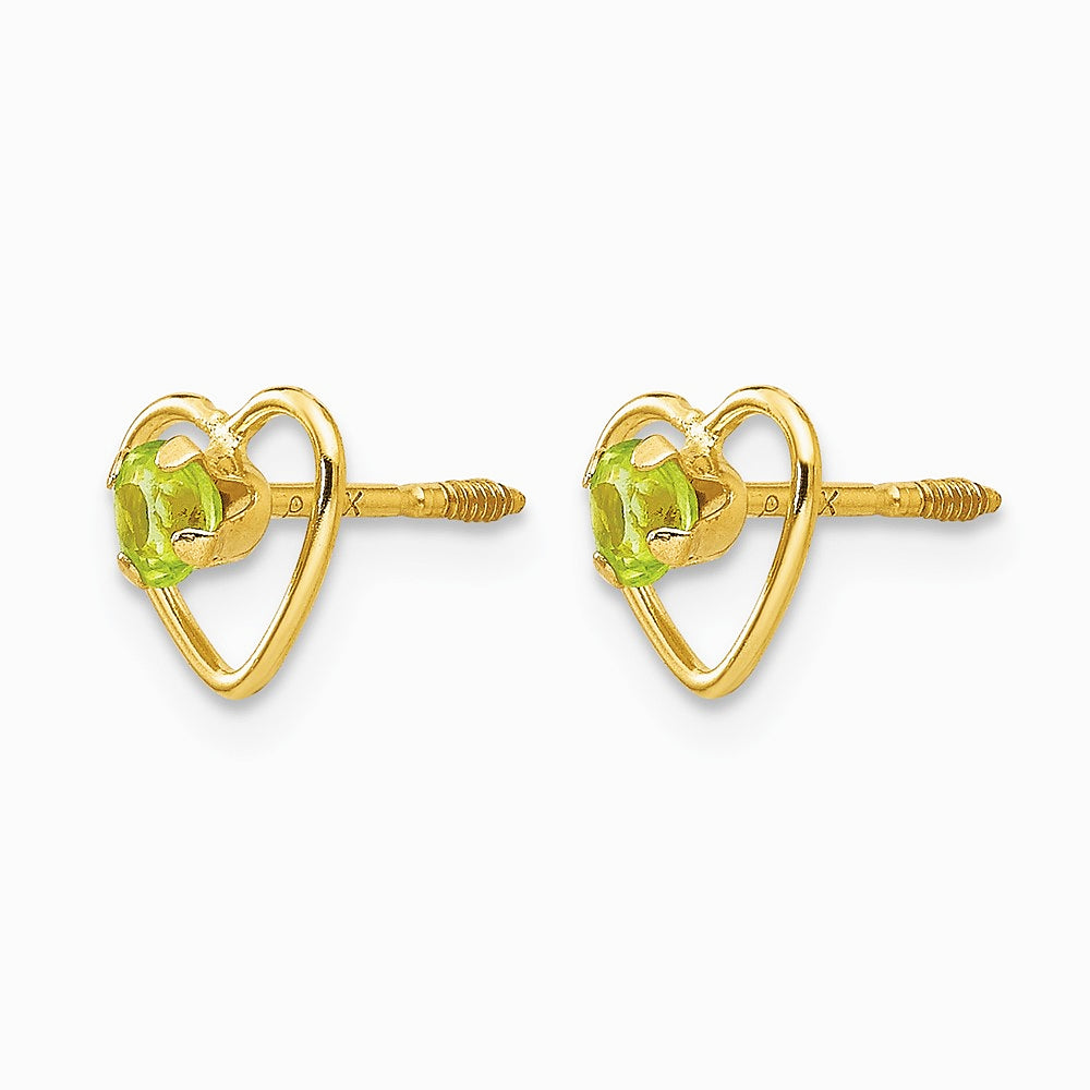 14K Yellow Gold 3mm Genuine Peridot Birthstone Heart Earrings - Product Photo