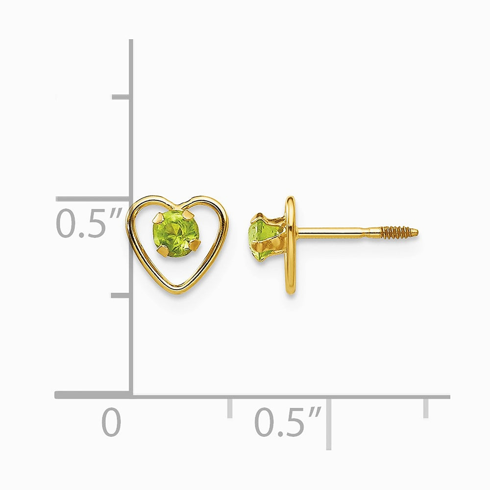 14K Yellow Gold 3mm Genuine Peridot Birthstone Heart Earrings - Product Photo
