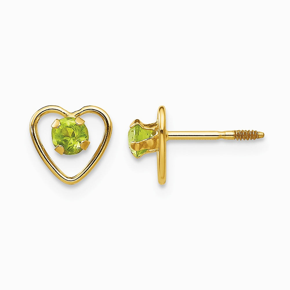 14K Yellow Gold 3mm Genuine Peridot Birthstone Heart Earrings - Product Photo