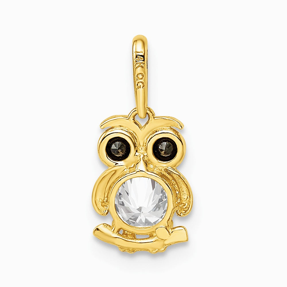 14K Yellow Gold Black & White CZ Owl Pendant - Product Photo