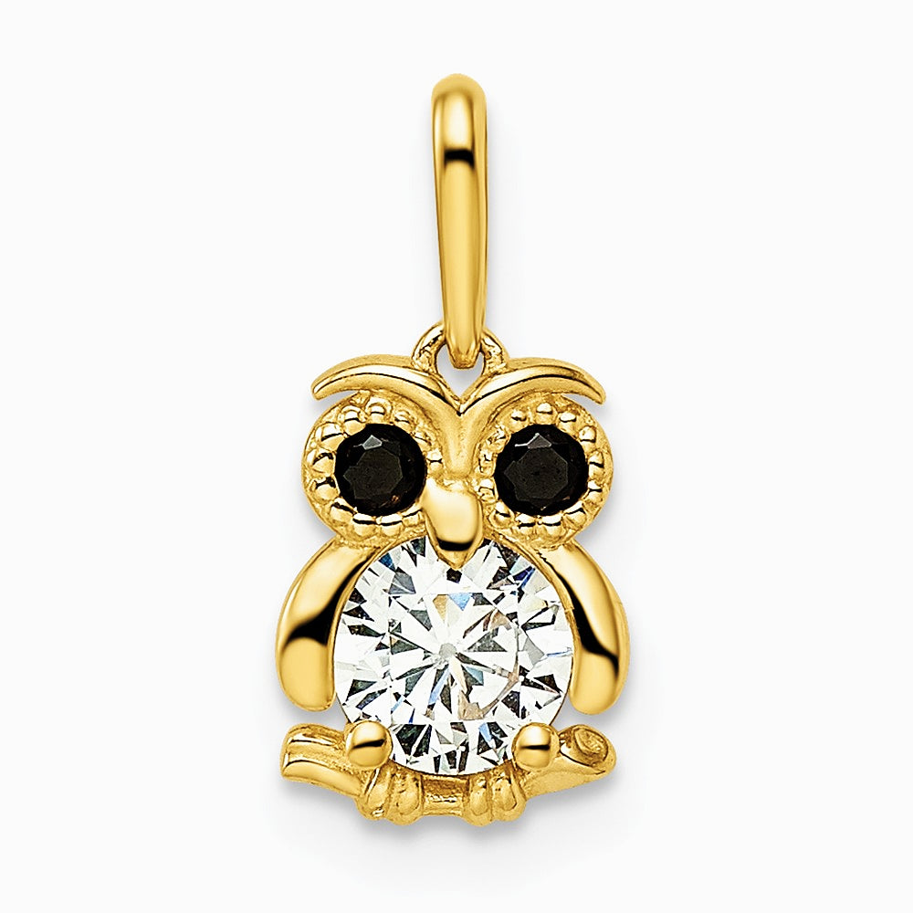 14K Yellow Gold Black & White CZ Owl Pendant - Product Photo