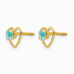 14K Yellow Gold 3mm Genuine Blue Topaz Birthstone Heart Earrings - Product Photo