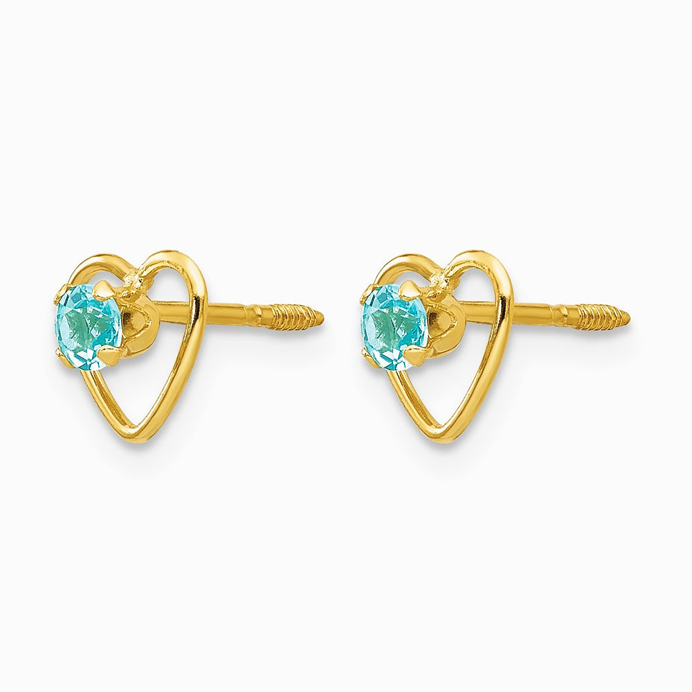 14K Yellow Gold 3mm Genuine Blue Topaz Birthstone Heart Earrings - Product Photo