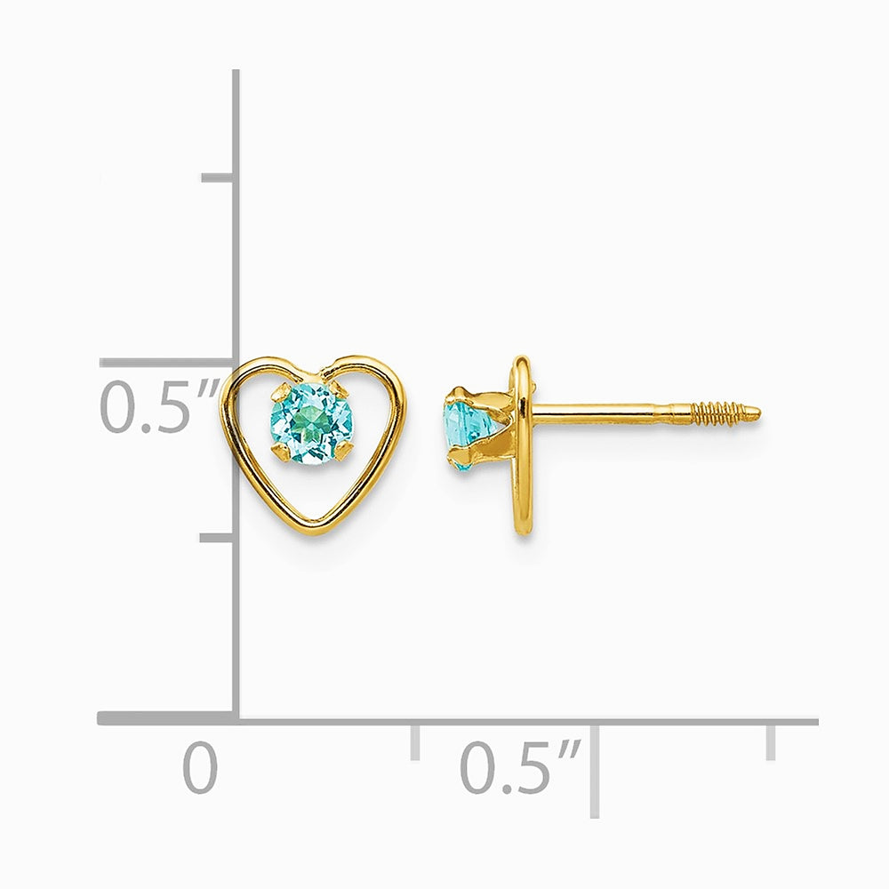 14K Yellow Gold 3mm Genuine Blue Topaz Birthstone Heart Earrings - Product Photo