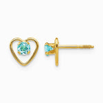14K Yellow Gold 3mm Genuine Blue Topaz Birthstone Heart Earrings - Product Photo