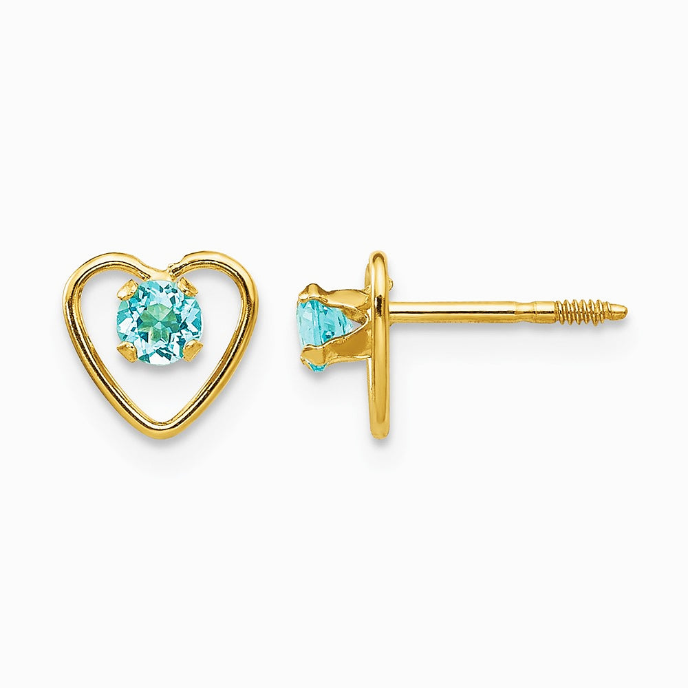 14K Yellow Gold 3mm Genuine Blue Topaz Birthstone Heart Earrings - Product Photo