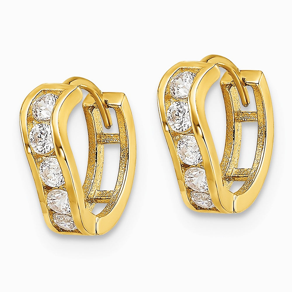 14K Yellow Gold Polished CZ Wavy Hinged Huggie Hoop Earrings - Product Photo