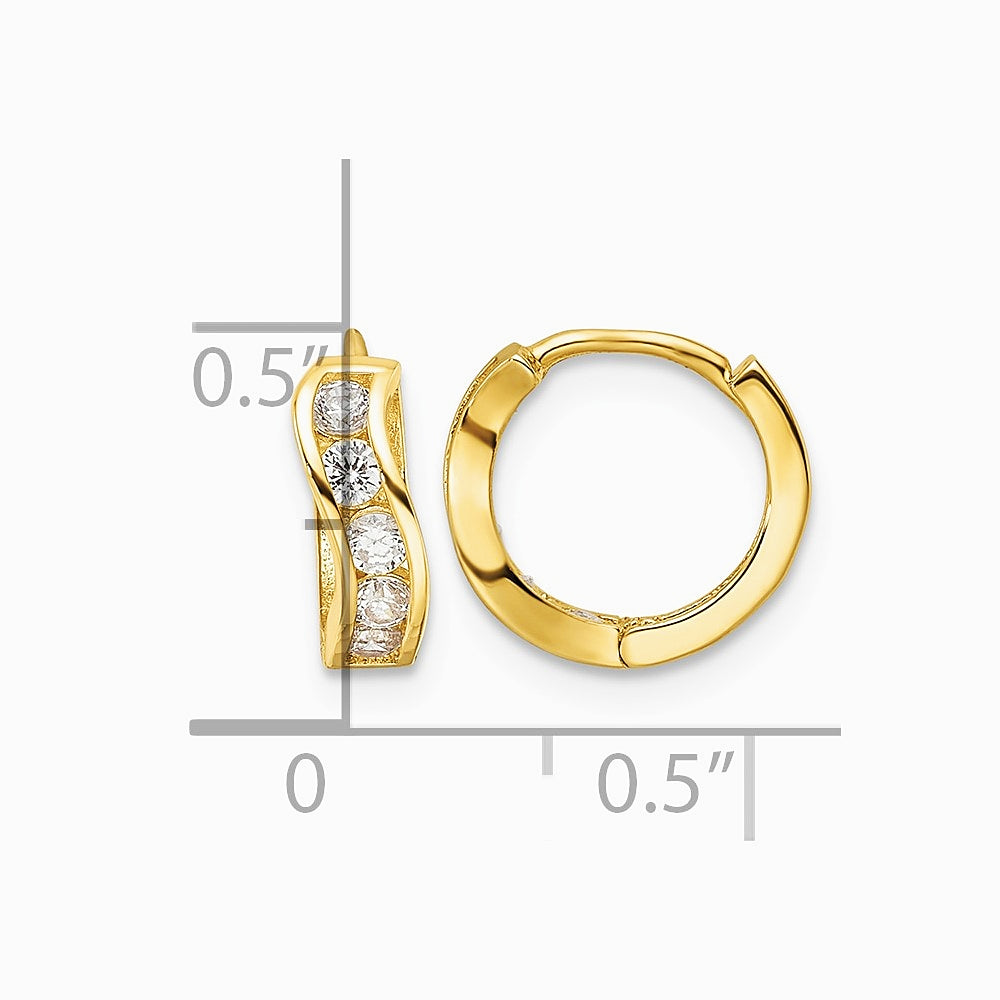 14K Yellow Gold Polished CZ Wavy Hinged Huggie Hoop Earrings - Product Photo