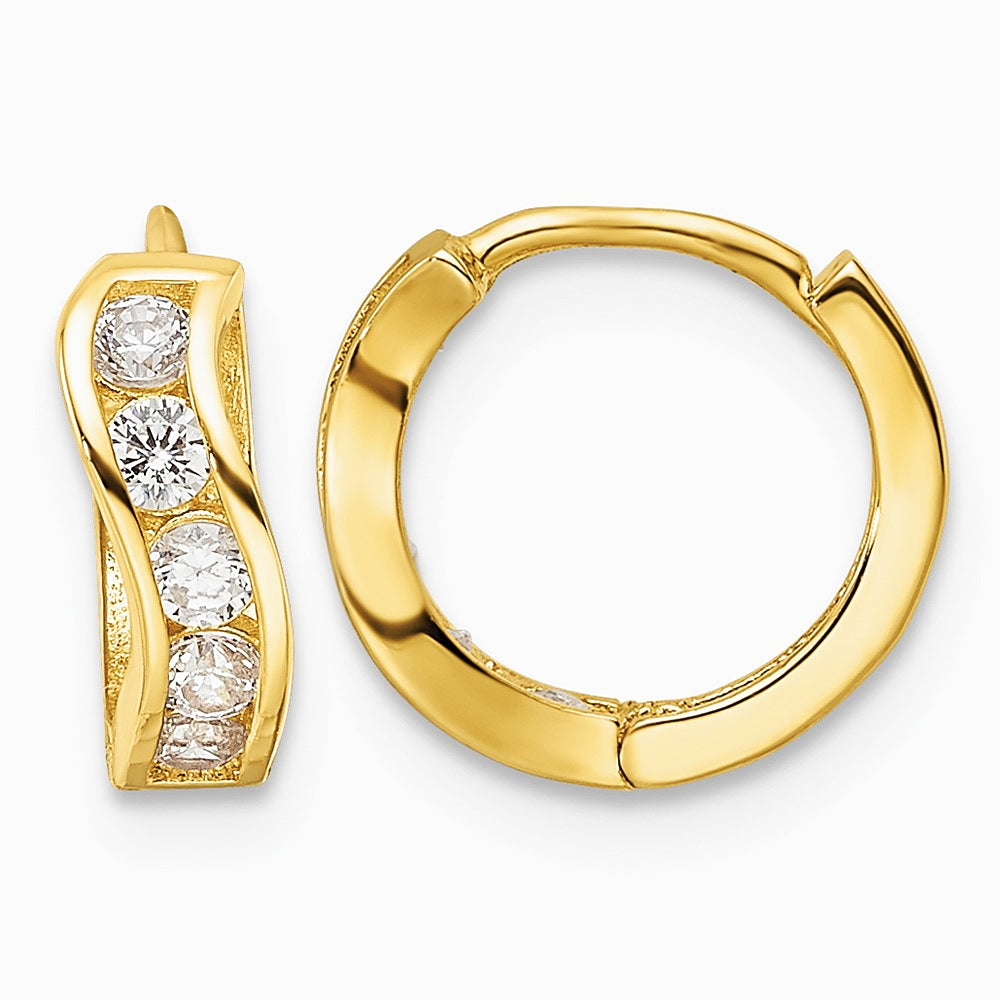 14K Yellow Gold Polished CZ Wavy Hinged Huggie Hoop Earrings - Product Photo