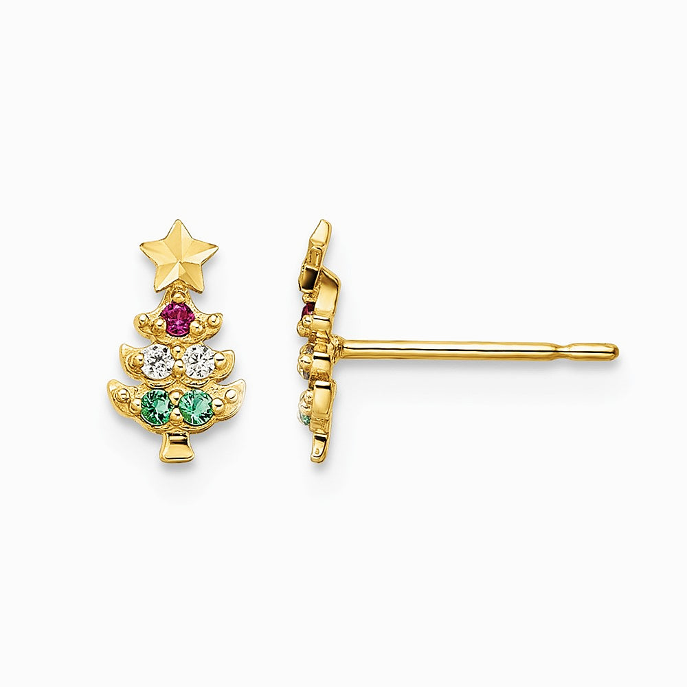 14K Yellow Gold Red & Clear CZ & Green Glass Christmas Tree Post Earrings - Product Photo
