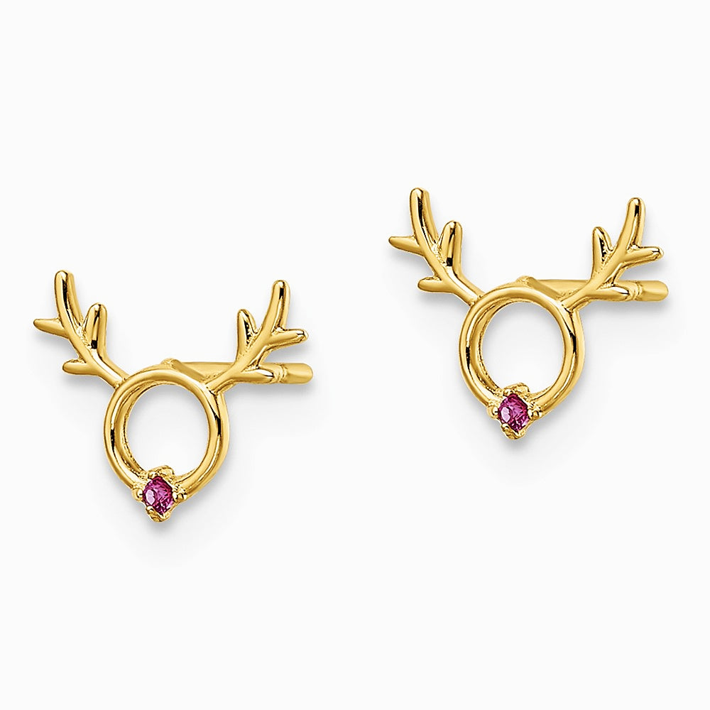 14K Yellow Gold Red CZ Reindeer Post Earrings - Product Photo
