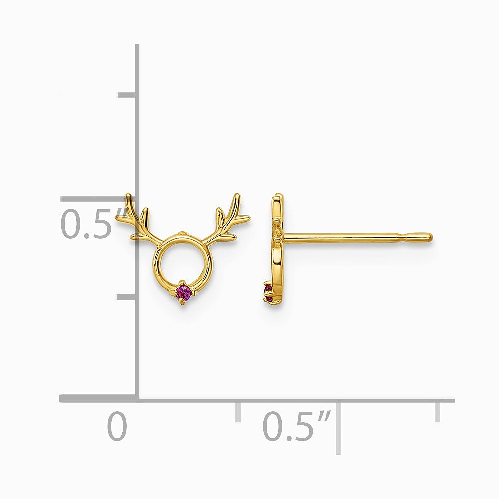 14K Yellow Gold Red CZ Reindeer Post Earrings - Product Photo