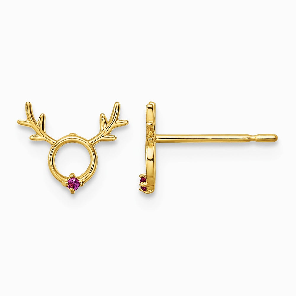 14K Yellow Gold Red CZ Reindeer Post Earrings - Product Photo