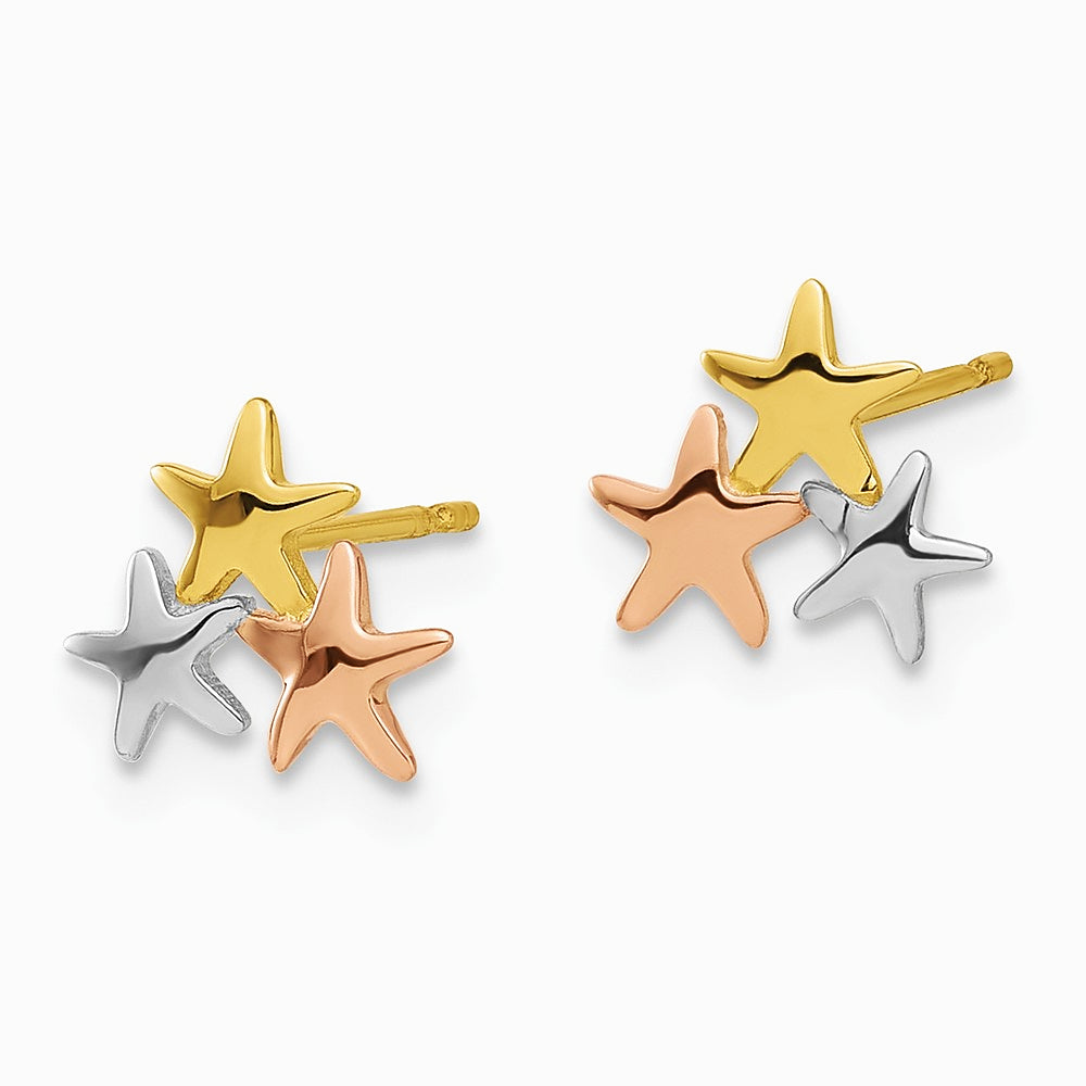 14K Yellow & Rhodium with Rose and White Rhodium Polished Stars Post Earrings - Product Photo