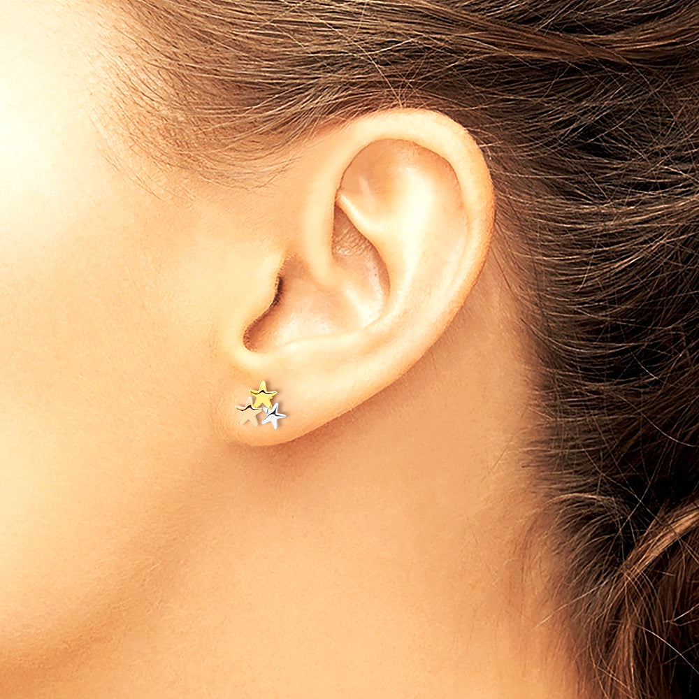 14K Yellow & Rhodium with Rose and White Rhodium Polished Stars Post Earrings - Product Photo