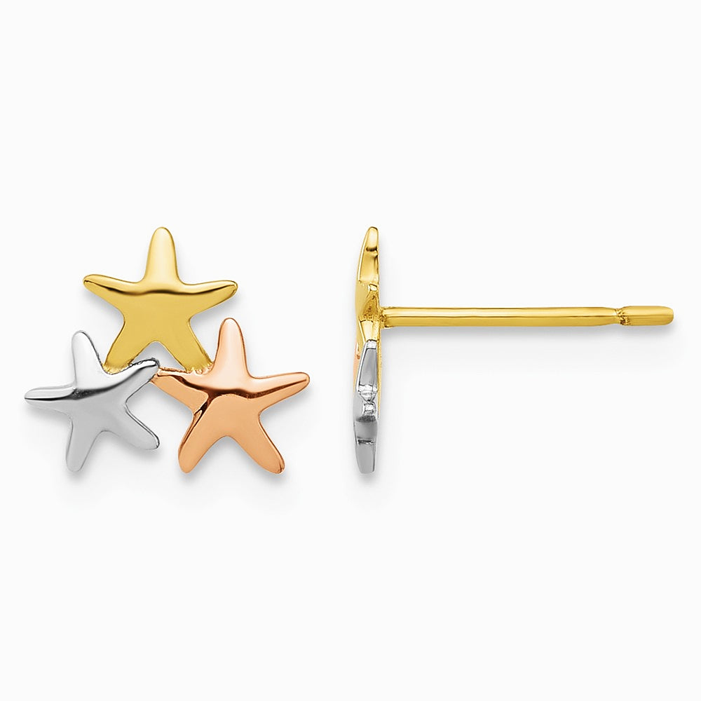 14K Yellow & Rhodium with Rose and White Rhodium Polished Stars Post Earrings - Product Photo