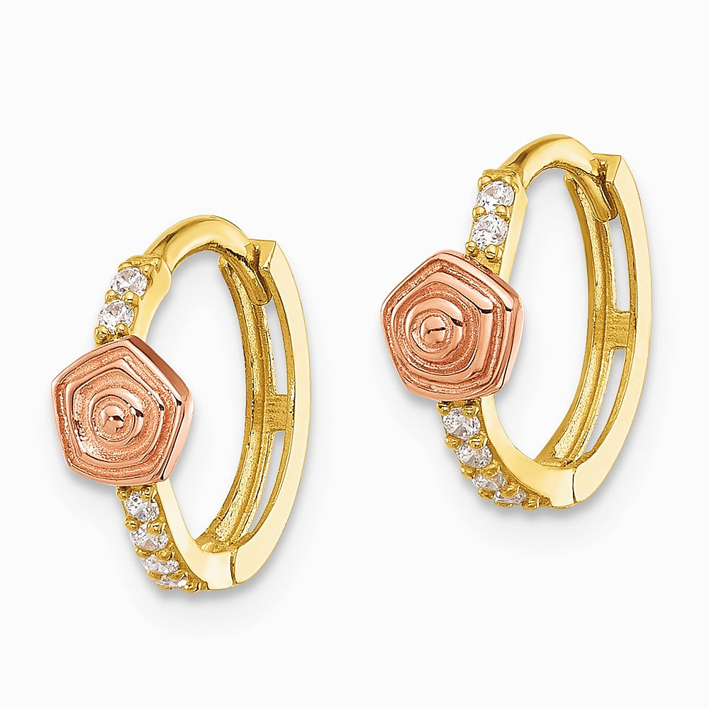 14K Two-tone Polished Two-tone CZ Hinged Huggie Hoop Earrings - Product Photo