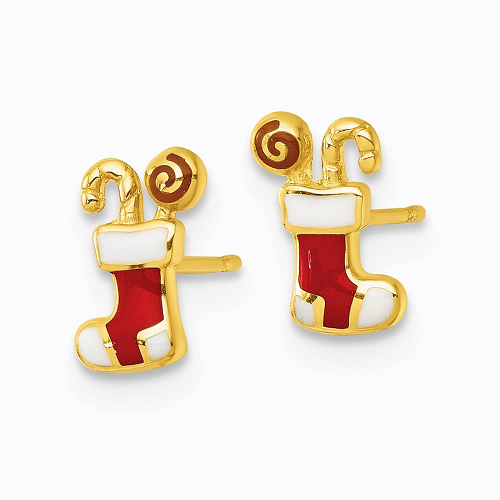 14K Yellow Gold Polished Enameled Christmas Stocking Post Earrings - Product Photo