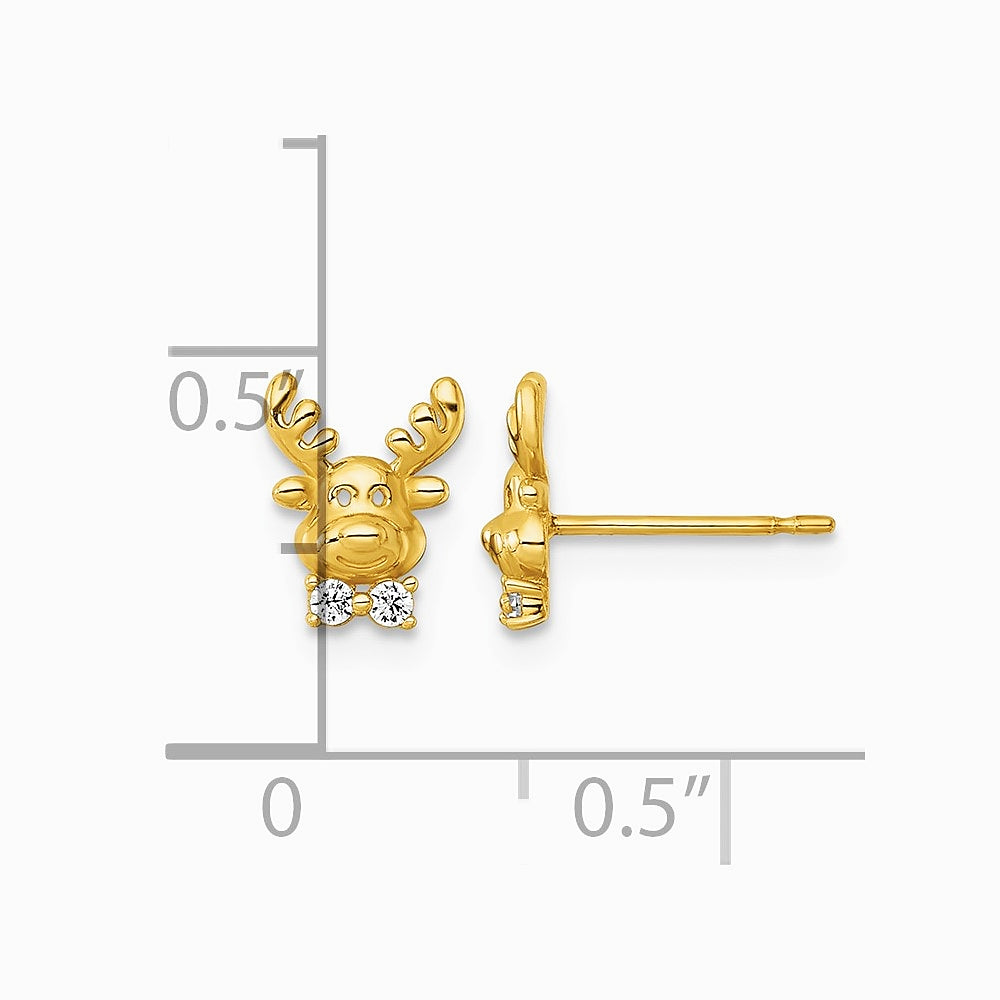 14K Yellow Gold Polished CZ Reindeer Post Earrings - Product Photo