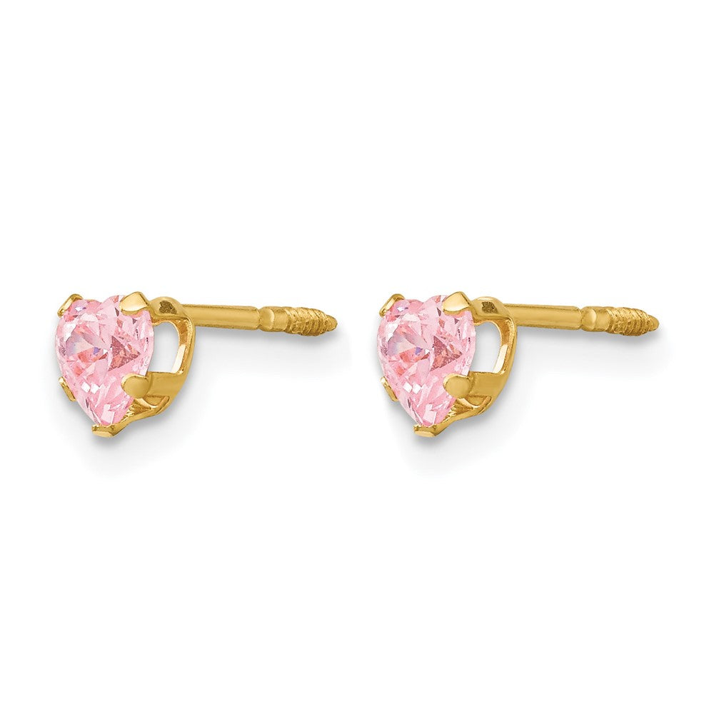 14K Yellow Gold 4mm Pink CZ Heart Earrings - Product Photo