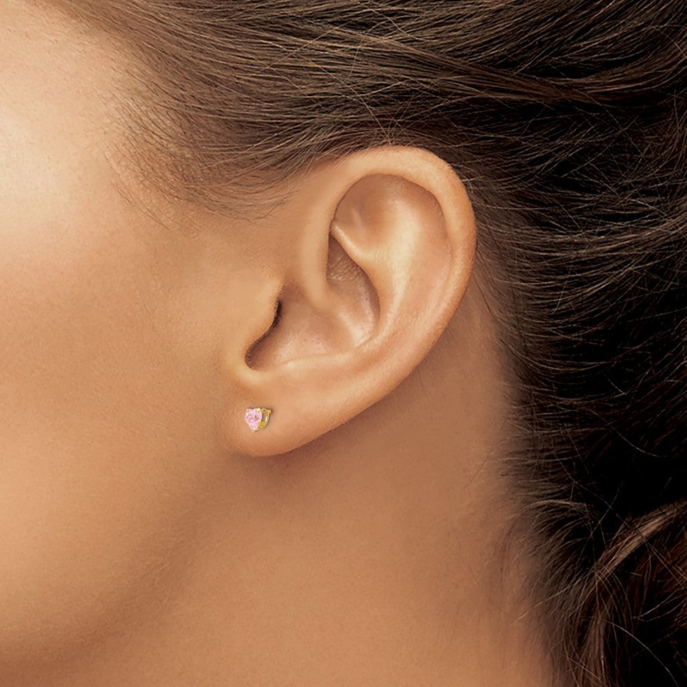 14K Yellow Gold 4mm Pink CZ Heart Earrings - Product Photo