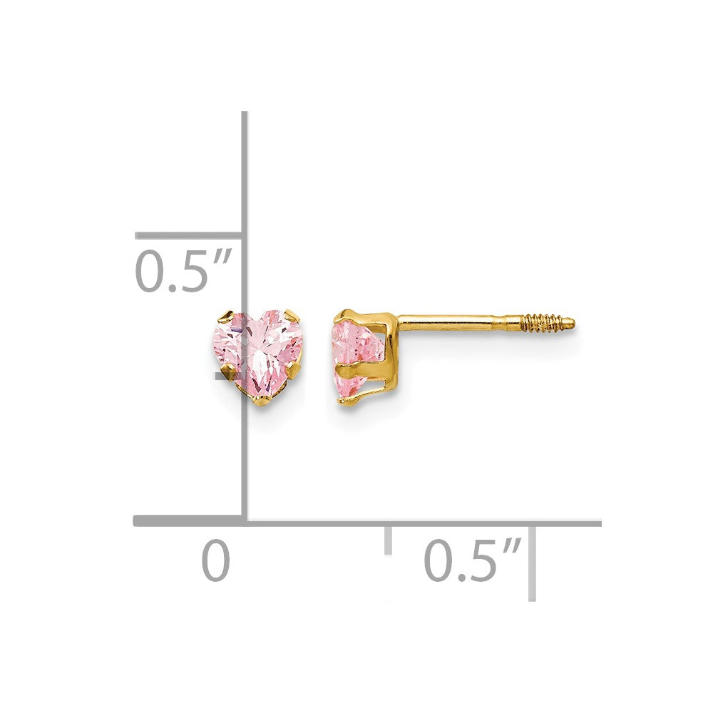 14K Yellow Gold 4mm Pink CZ Heart Earrings - Product Photo